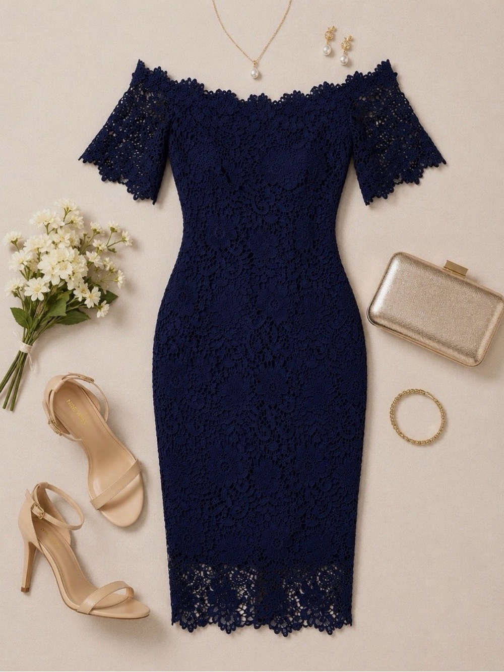 Navy Off-the-Shoulder Lace Sheath Dress - Picture 3 of 11